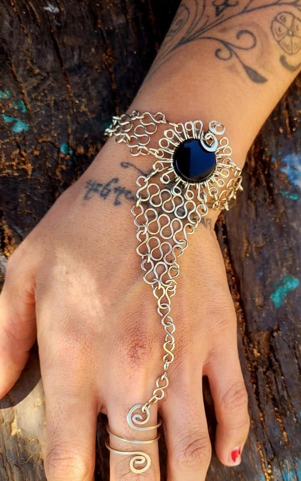 Mexican Obsidian and Alpaca Bracelet - 7 Inch