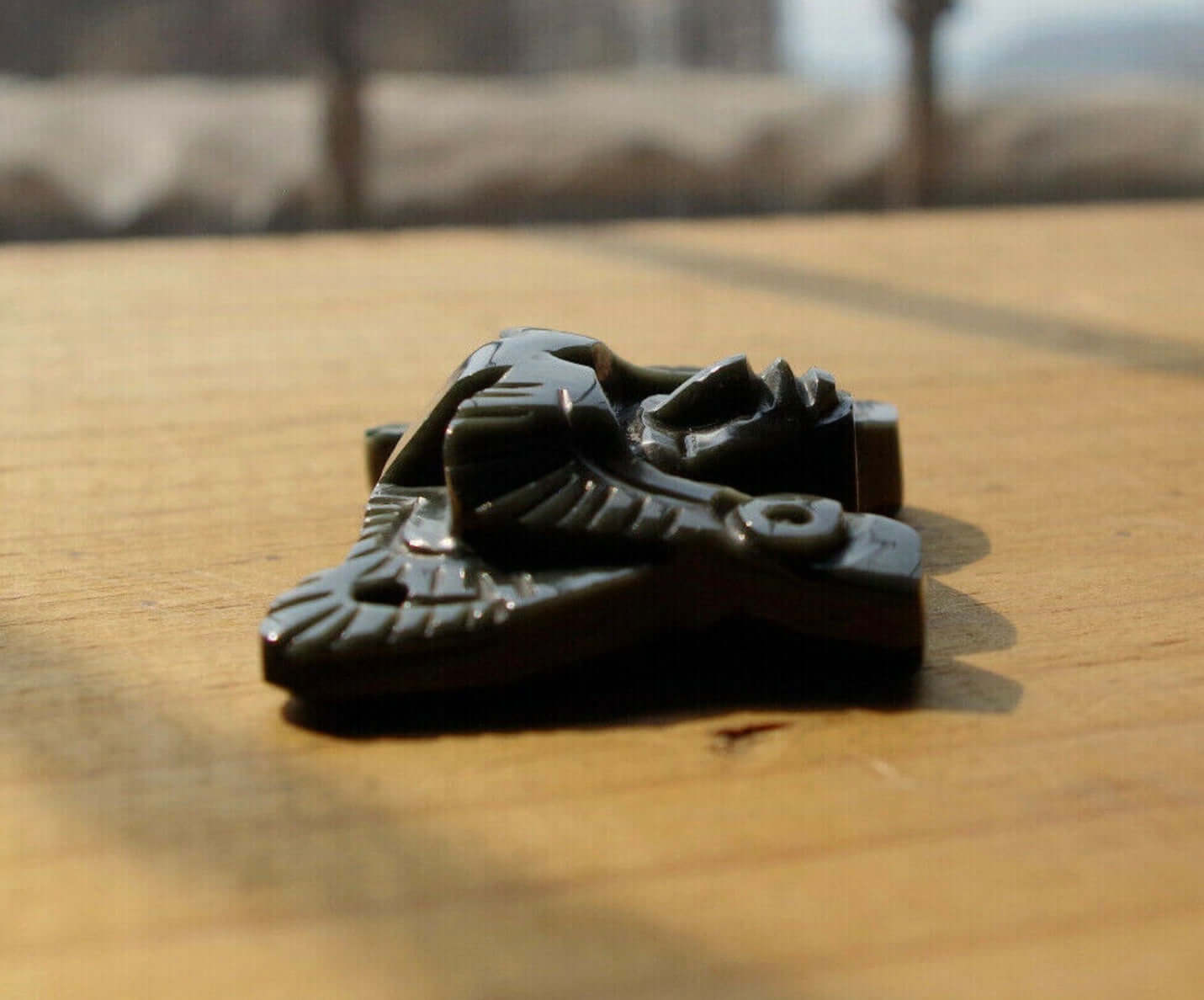 Jaguar Warrior Pendant carved in rainbow obsidian- Aztec Mexican Precolombian Jewelry