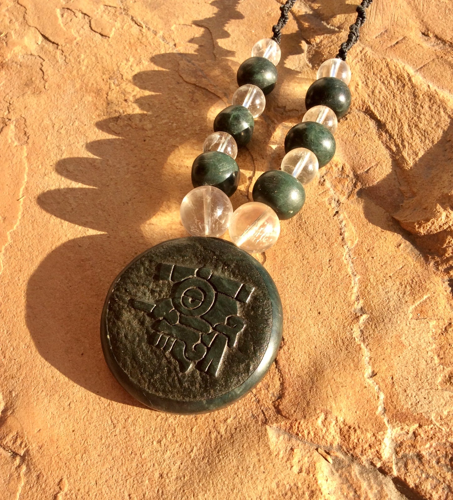 Tlaloc Pendant Necklace- Mexican Divinity of storm and Rain- Guatemalan jade style, serpentine & crystal Quartz stone beads