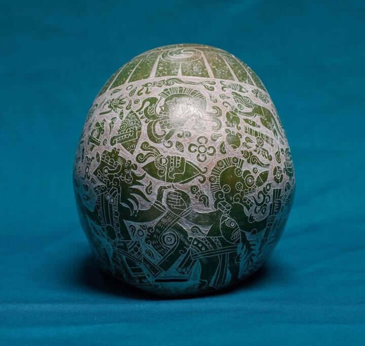 Aztec skull carved in ceramic & engraved with precolombian symbols from Teotihuacan Artist,prehispanic Art, Mexican collection Decoration - Mexican Aztec Calavera