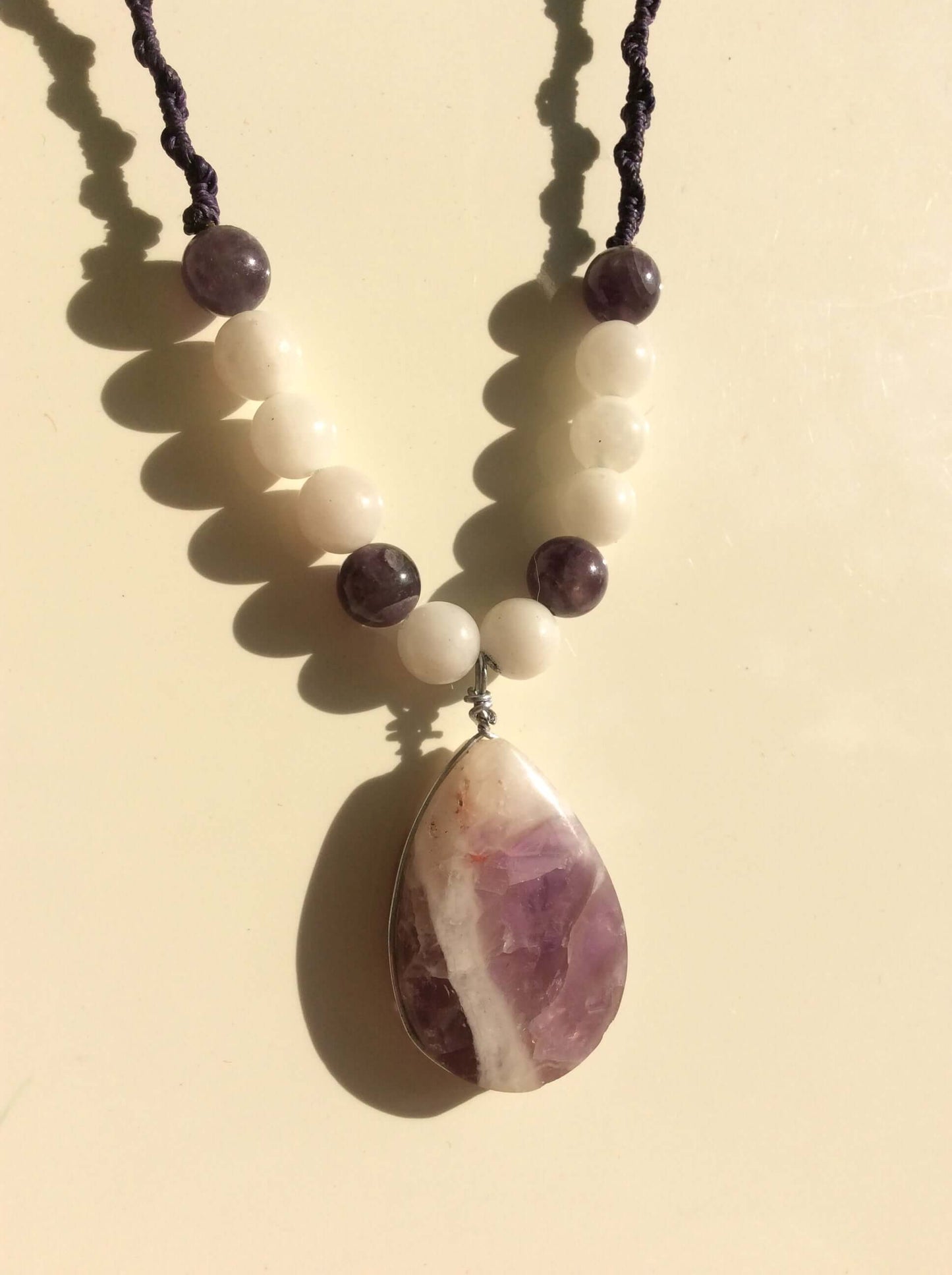 Trinity of Harmony: Amethyst Pendant with White Agate and Obsidian Beads for Emotional Balance and Spiritual Protection