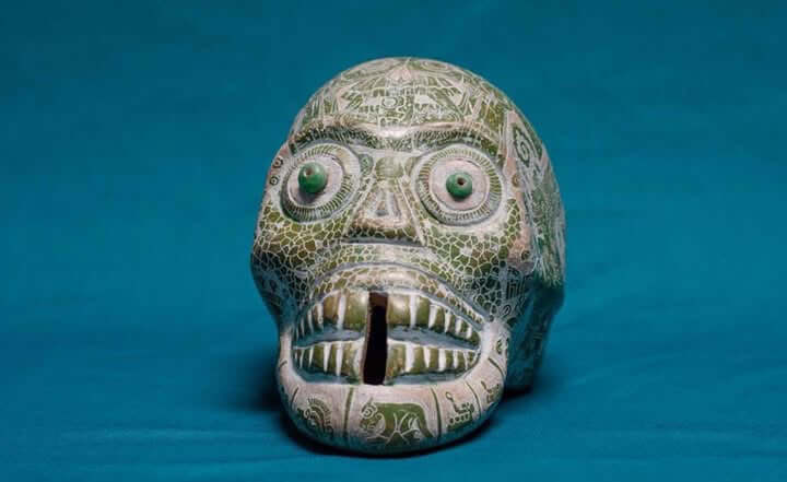 Aztec skull carved in ceramic & engraved with precolombian symbols from Teotihuacan Artist,prehispanic Art, Mexican collection Decoration - Mexican Aztec Calavera