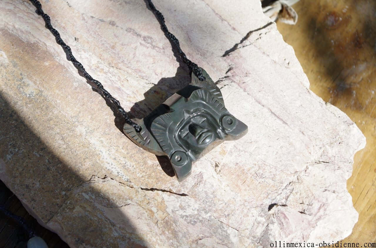 Jaguar Warrior Mask Pendant carved in rainbow obsidian- Aztec Mexican Precolombian Jewelry