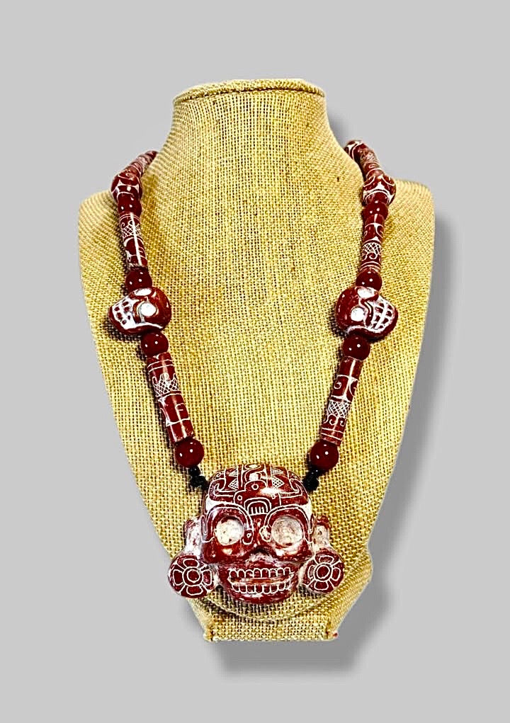 Teotihuacan Mask of Mikiztli Pendant Necklace carved in ceramic, Divinity of Death & Transformation with Mexican Pre Hispanic symbols engraved - Precolombian Jewelry
