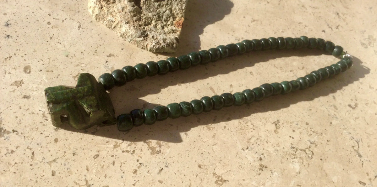 Jaguar Pendant Necklace | Guatemalan Jade Style Serpentine Beads | Mayan Pre-Columbian Jewelry
