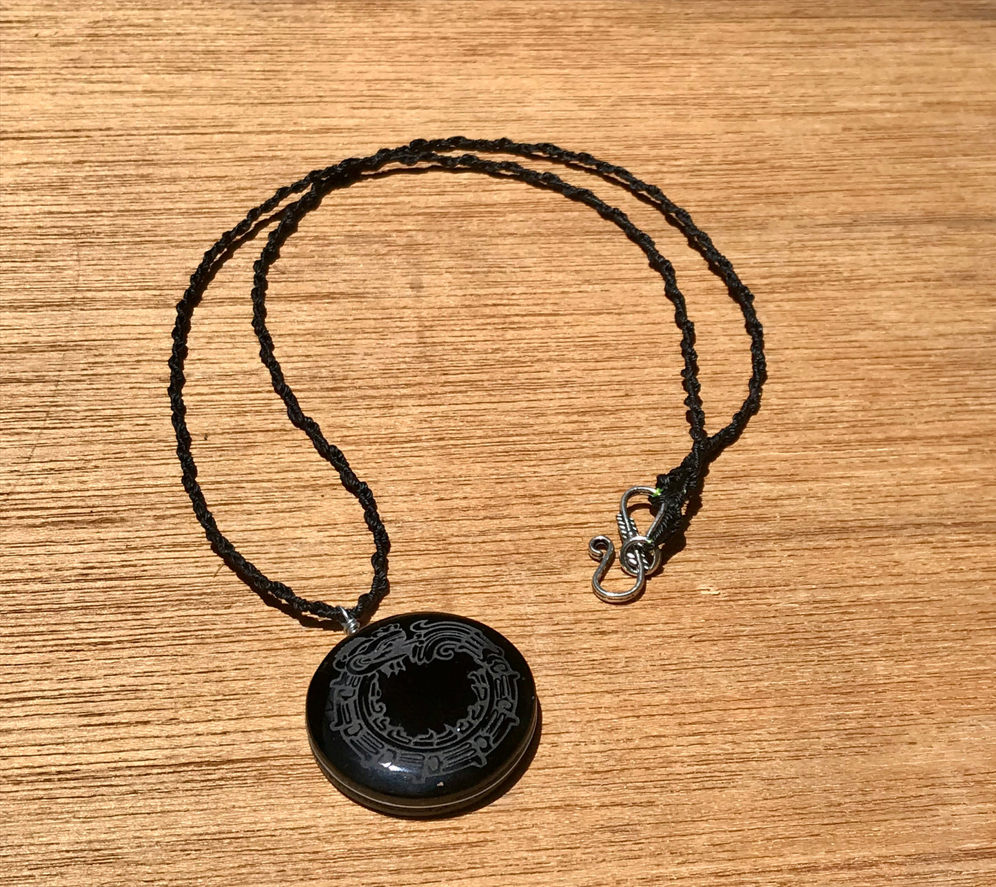Quetzalcoatl, Kukulkan, Feathered serpent Pendant crystal black obsidian, Mexican prehispanic Precolombian jewelry