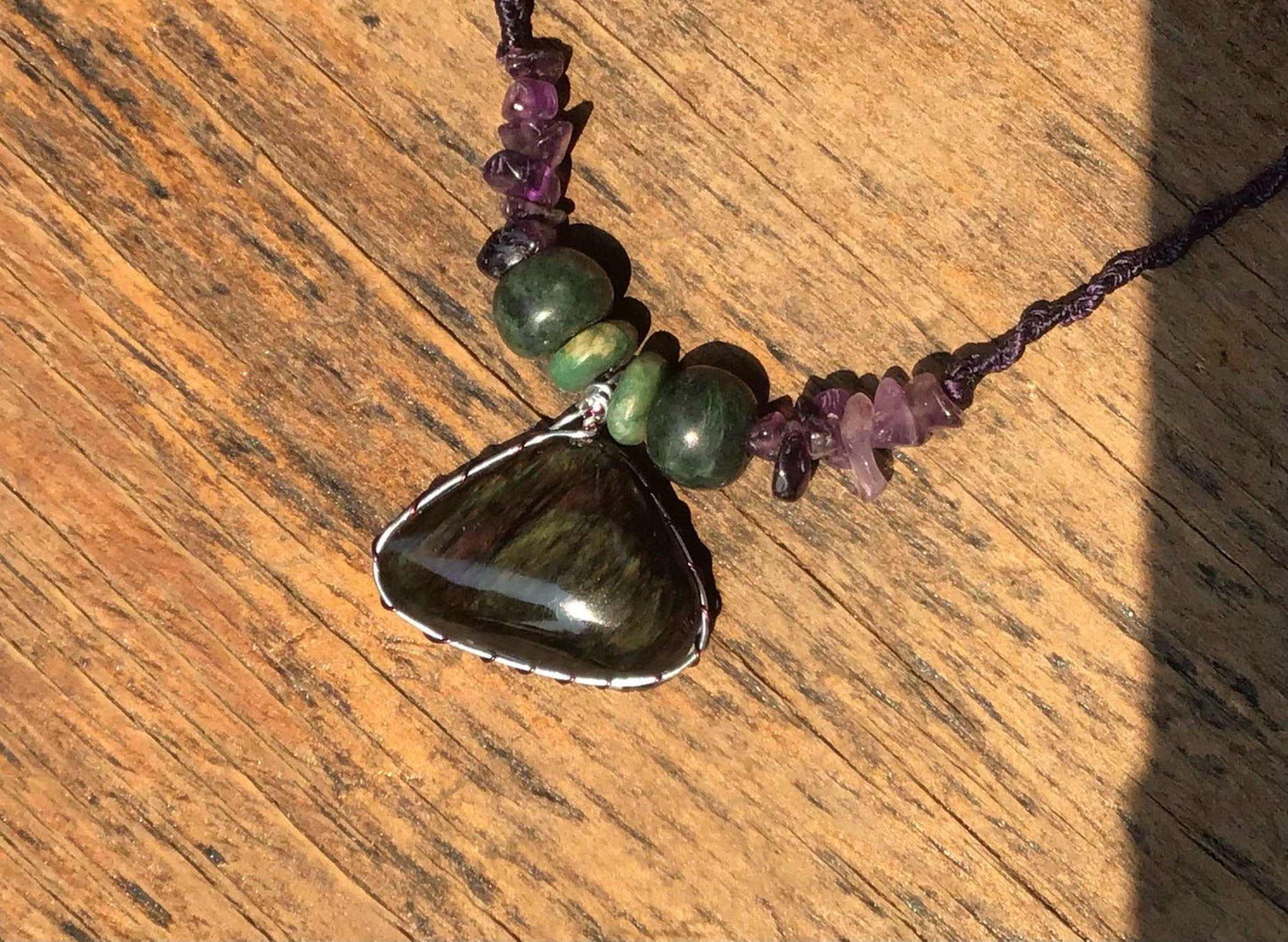 Velvet Obsidian Pendant Necklace with Amethyst & Guatemalan Jadeite Beads - Mexican Rainbow Obsidian Jewelry