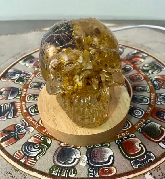 Handcrafted Resin Skull with Sacred plant inclusion and Integrated Light - Unique Decoration