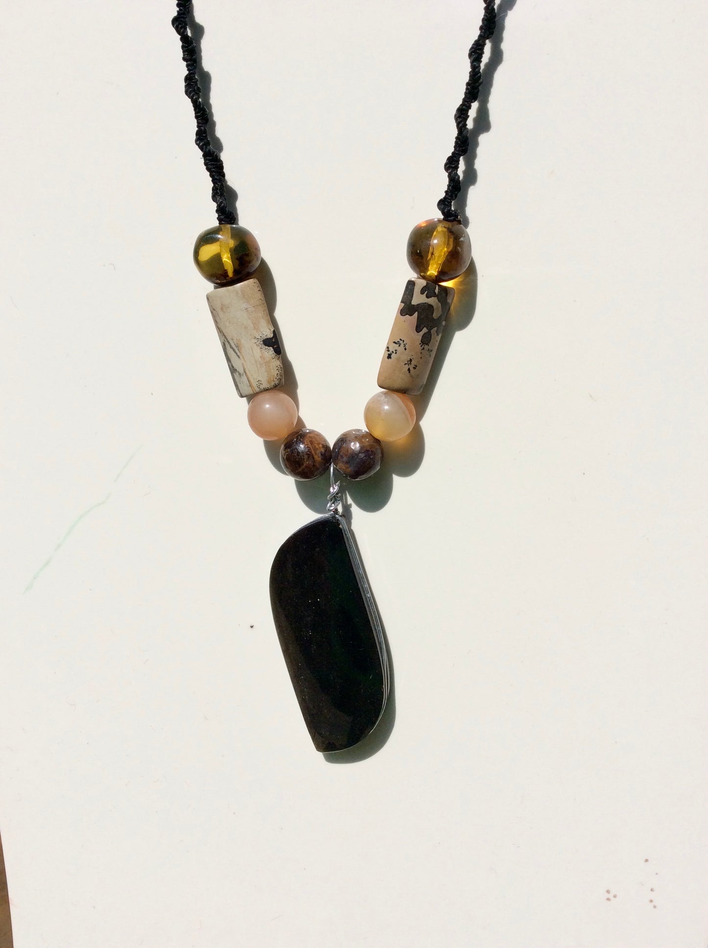 Golden Obsidian Pendant Necklace with Amber, petrified wood & Agate beads, unique Mexican Jewelry