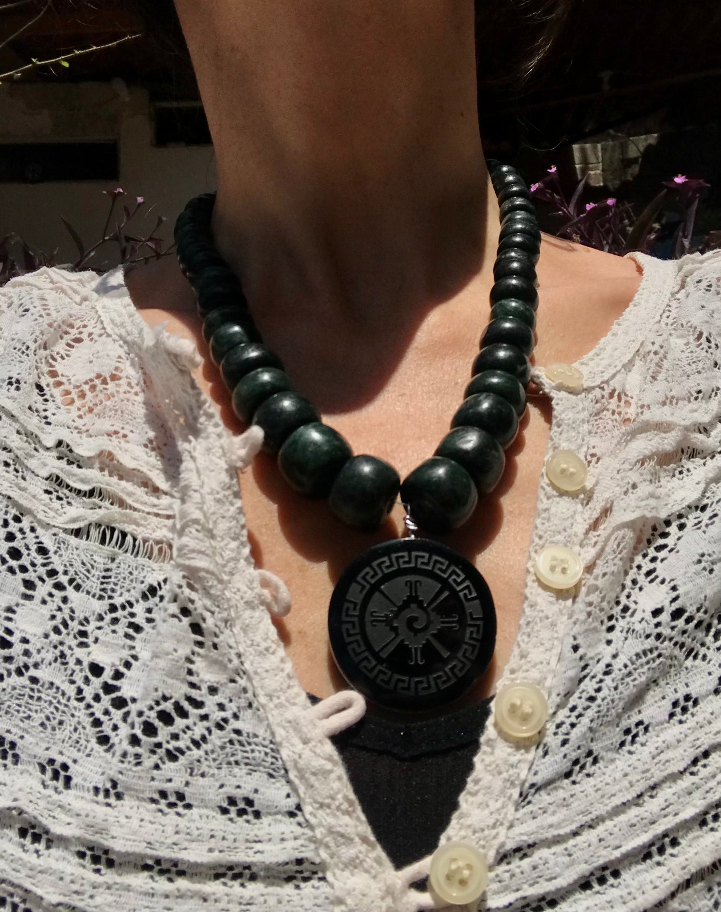 Mayan Jewelry Hunab Ku Obsidian Pendant with crescent Necklace like Ancient Guatemalan jade style , Mexican precolombian style