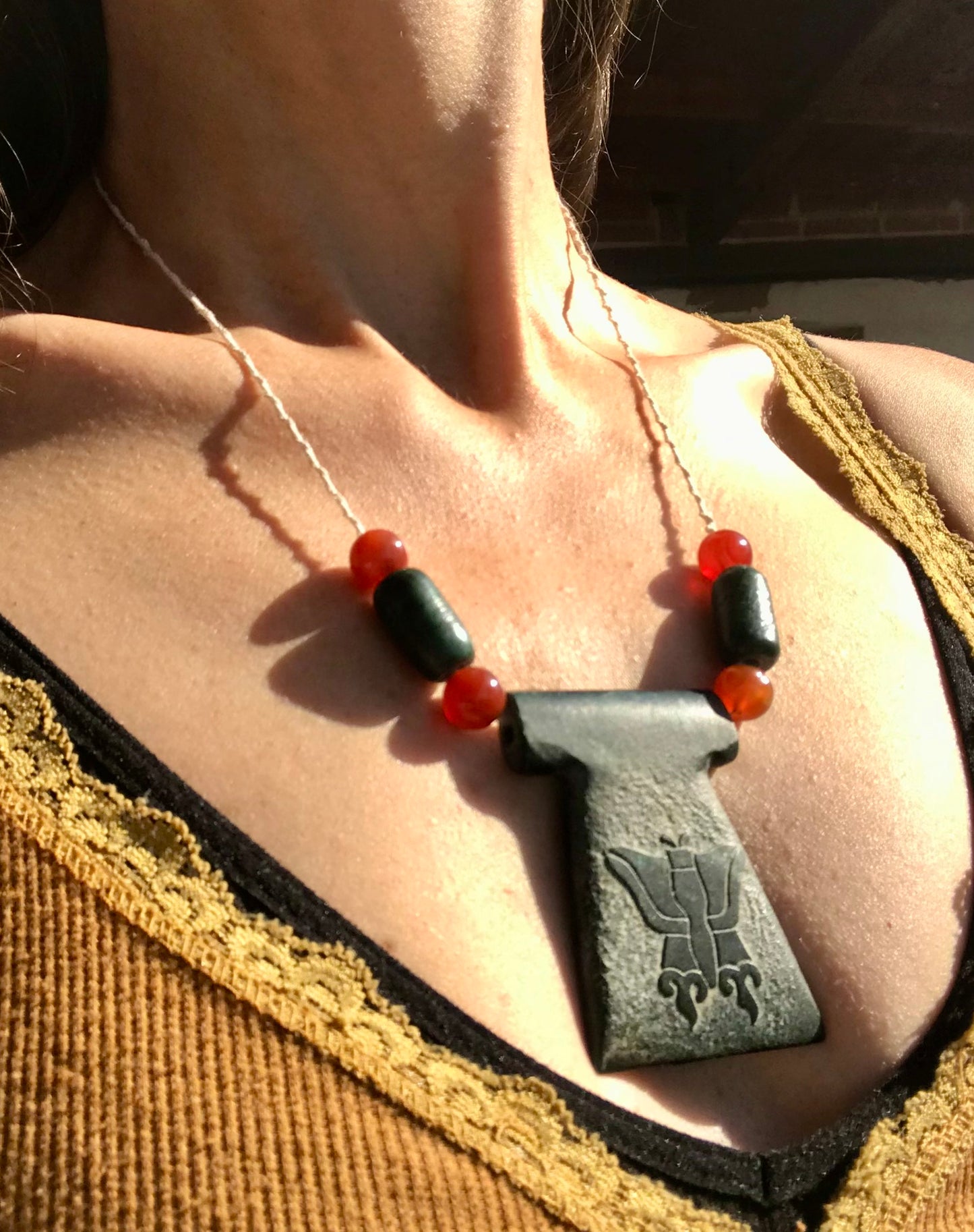 Butterfly Pendant carved like Ancient guatemalan jade - Mayan Jewelry, Mexican Necklace Nature - aztec Monarch butterfly symbol