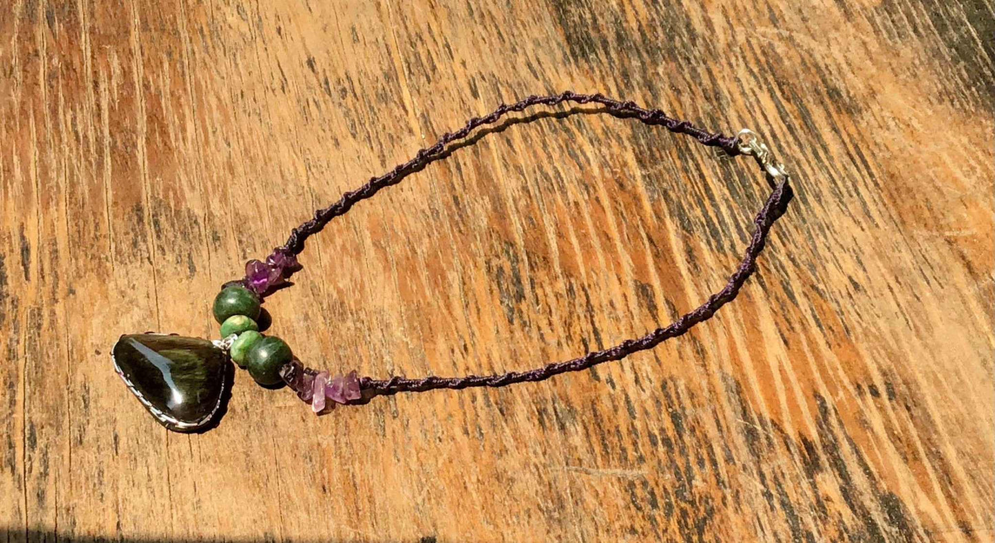 Velvet Obsidian Pendant Necklace with Amethyst & Guatemalan Jadeite Beads - Mexican Rainbow Obsidian Jewelry