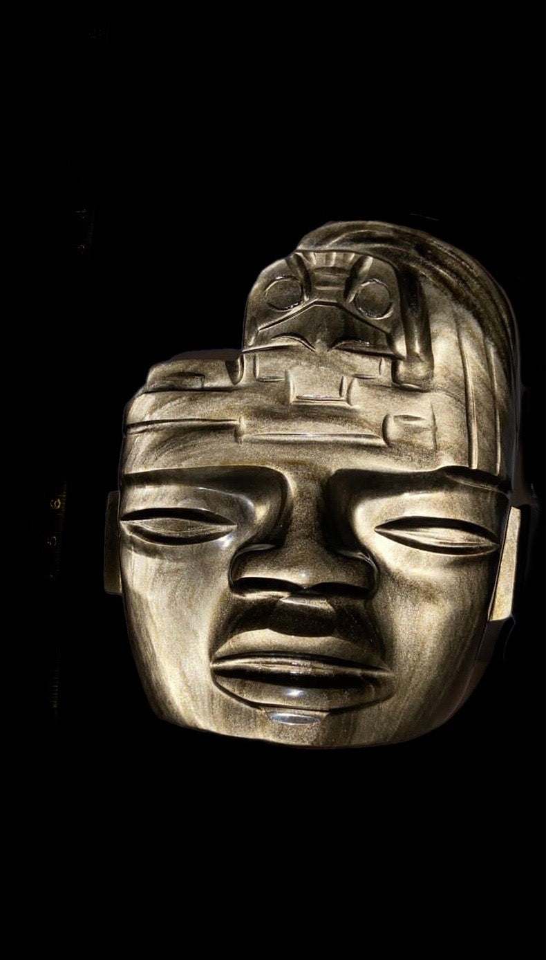 Teotihuacan Mask carved in golden obsidian, pre-Colombian pre-Hispanic sculpture, Mexican decoration collection