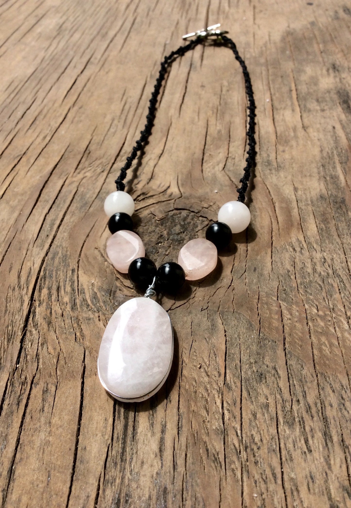 Pink Quartz Crystal Necklace - Boho Chic Macramé with Mexican Obsidian & Rose Quartz Beads
