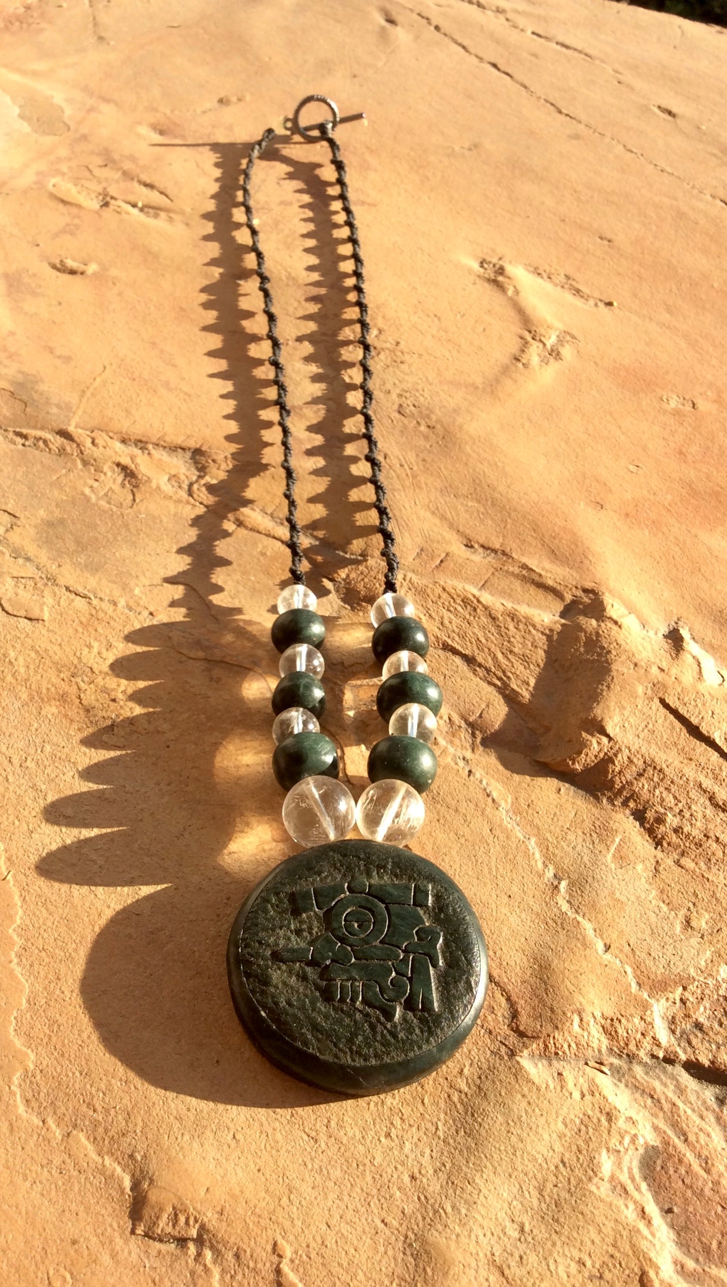 Tlaloc Pendant Necklace- Mexican Divinity of storm and Rain- Guatemalan jade style, serpentine & crystal Quartz stone beads