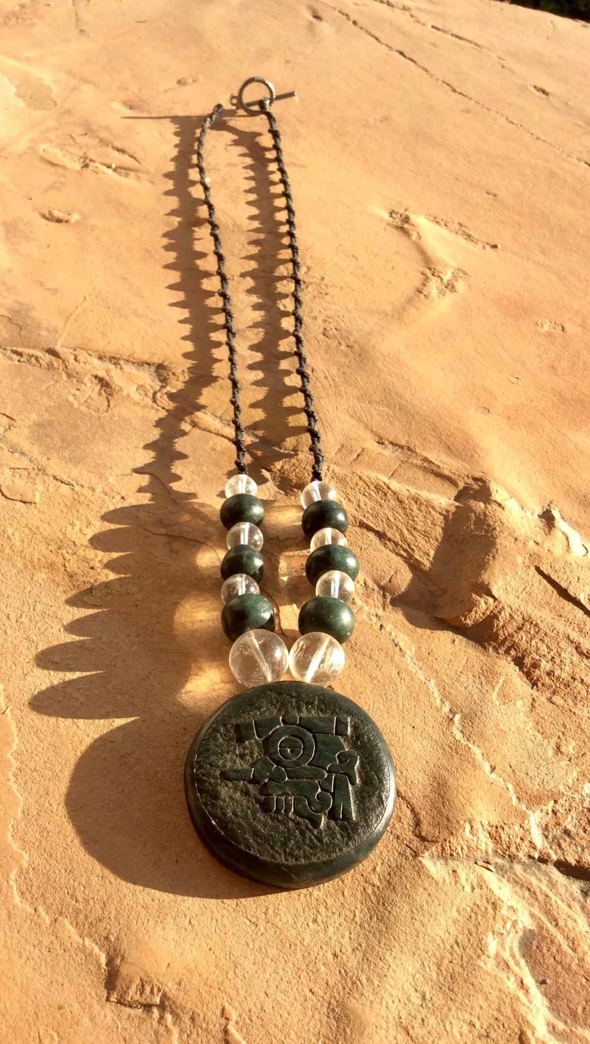 Tlaloc Pendant Necklace- Mexican Divinity of storm and Rain- Guatemalan jade style, serpentine & crystal Quartz stone beads