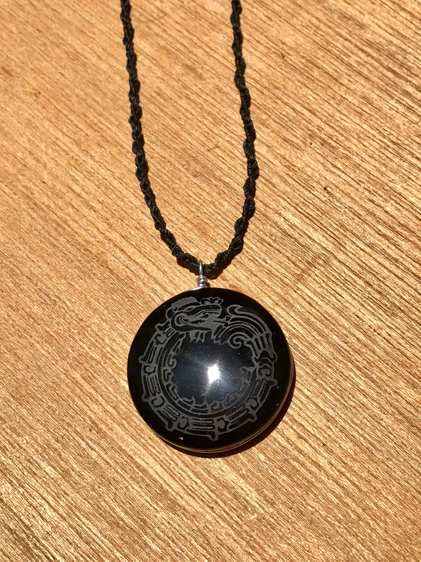 Quetzalcoatl, Kukulkan, Feathered serpent Pendant crystal black obsidian, Mexican prehispanic Precolombian jewelry