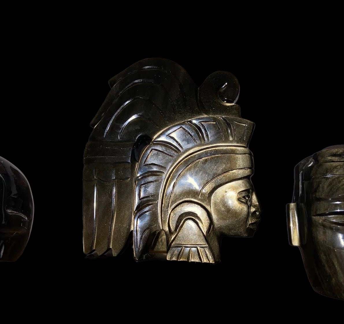 Cuauhtemoc carved in golden obsidian, pre-Colombian pre-Hispanic sculpture, Mexican decoration collection