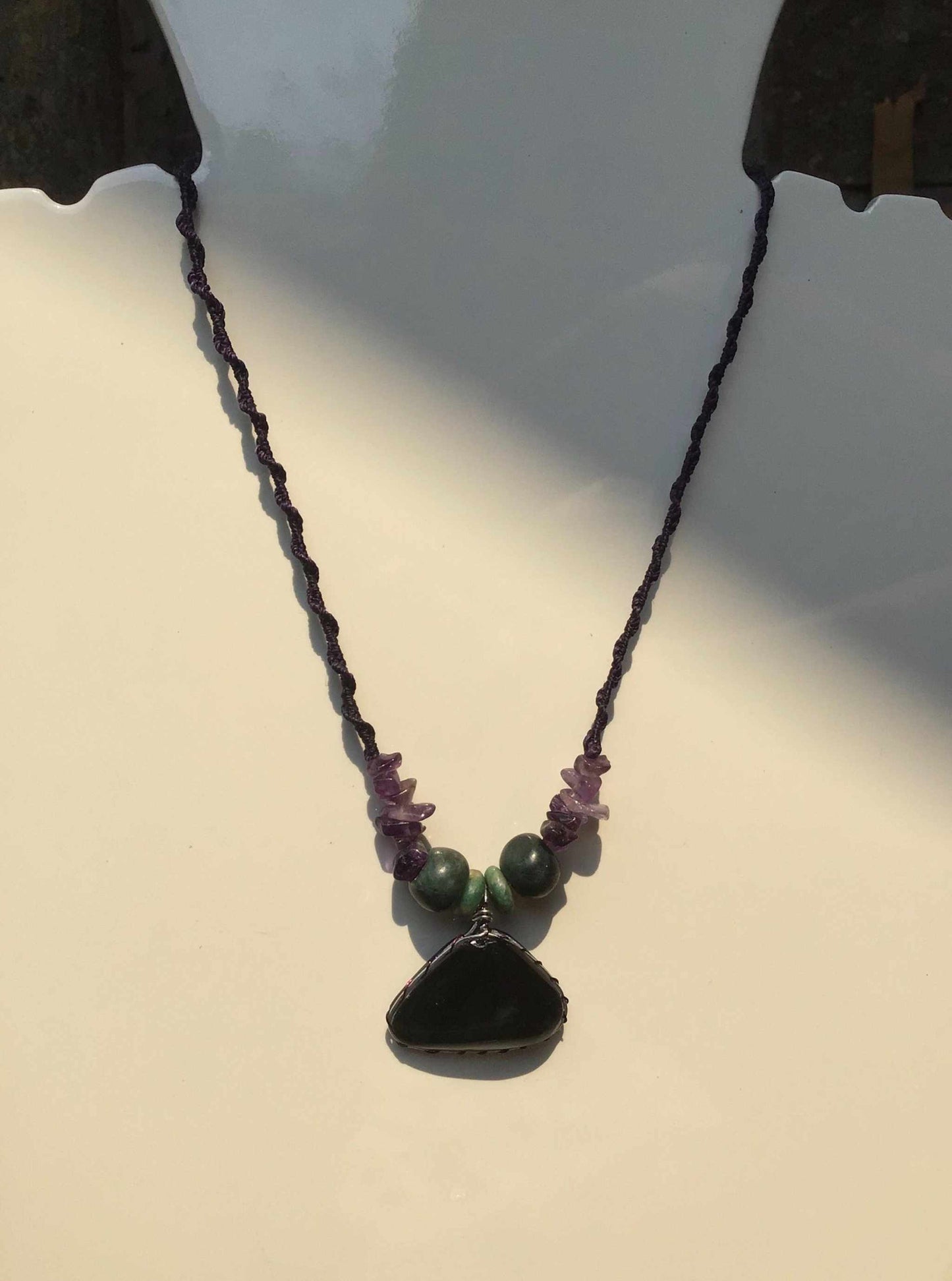 Velvet Obsidian Pendant Necklace with Amethyst & Guatemalan Jadeite Beads - Mexican Rainbow Obsidian Jewelry