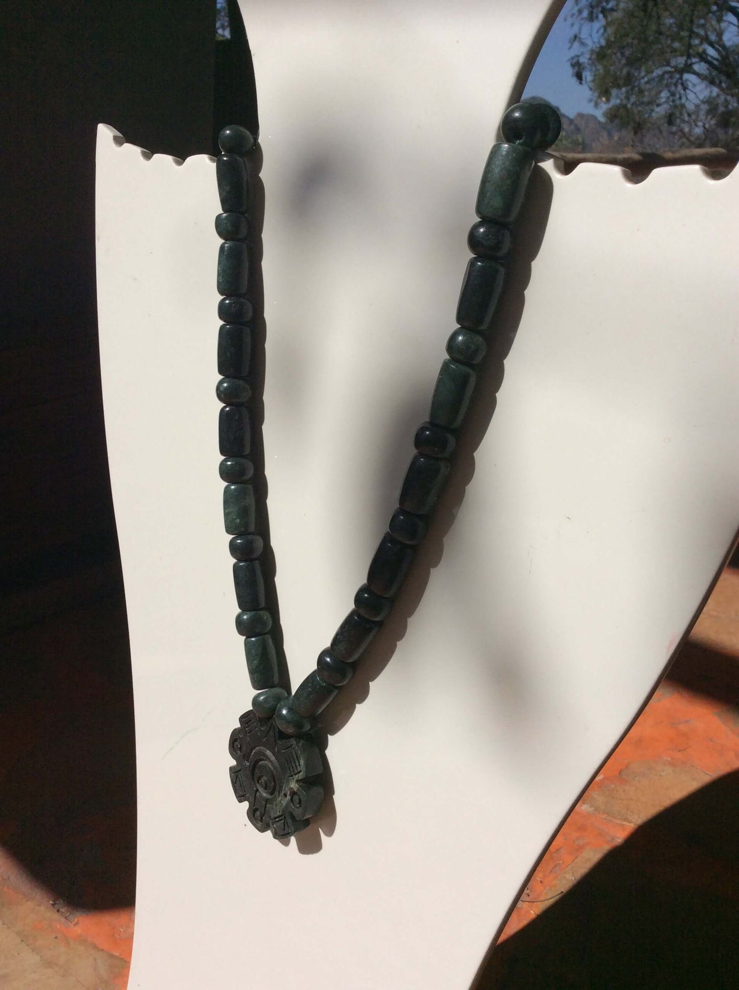 Ollin Pendant, Aztec calendar symbol, Guatemalan jade beads necklace style, serpentine stone, Mexican precolombian Jewelry