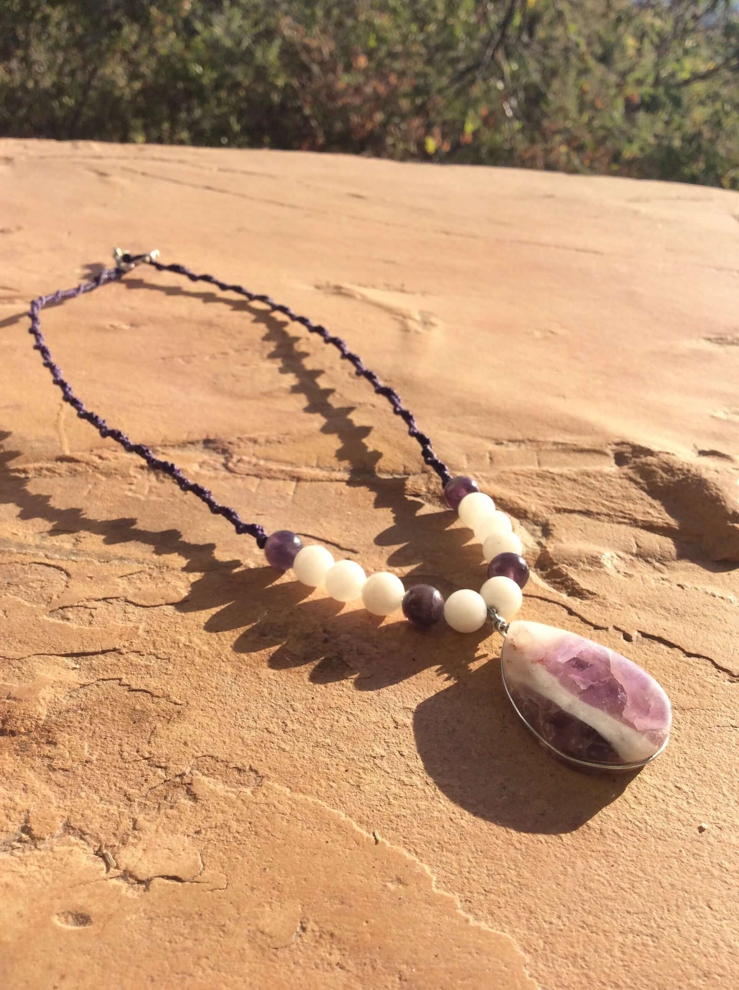 Trinity of Harmony: Amethyst Pendant with White Agate and Obsidian Beads for Emotional Balance and Spiritual Protection
