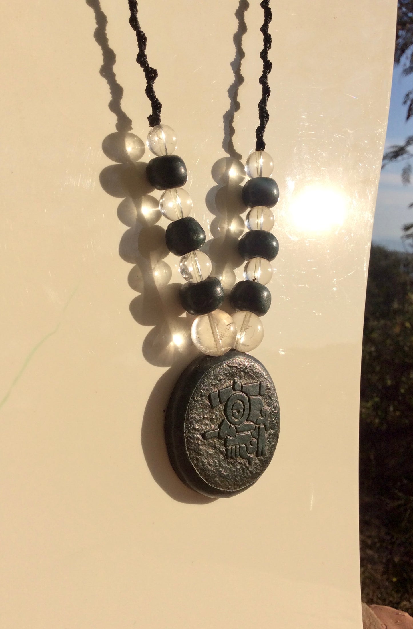 Tlaloc Pendant Necklace- Mexican Divinity of storm and Rain- Guatemalan jade style, serpentine & crystal Quartz stone beads