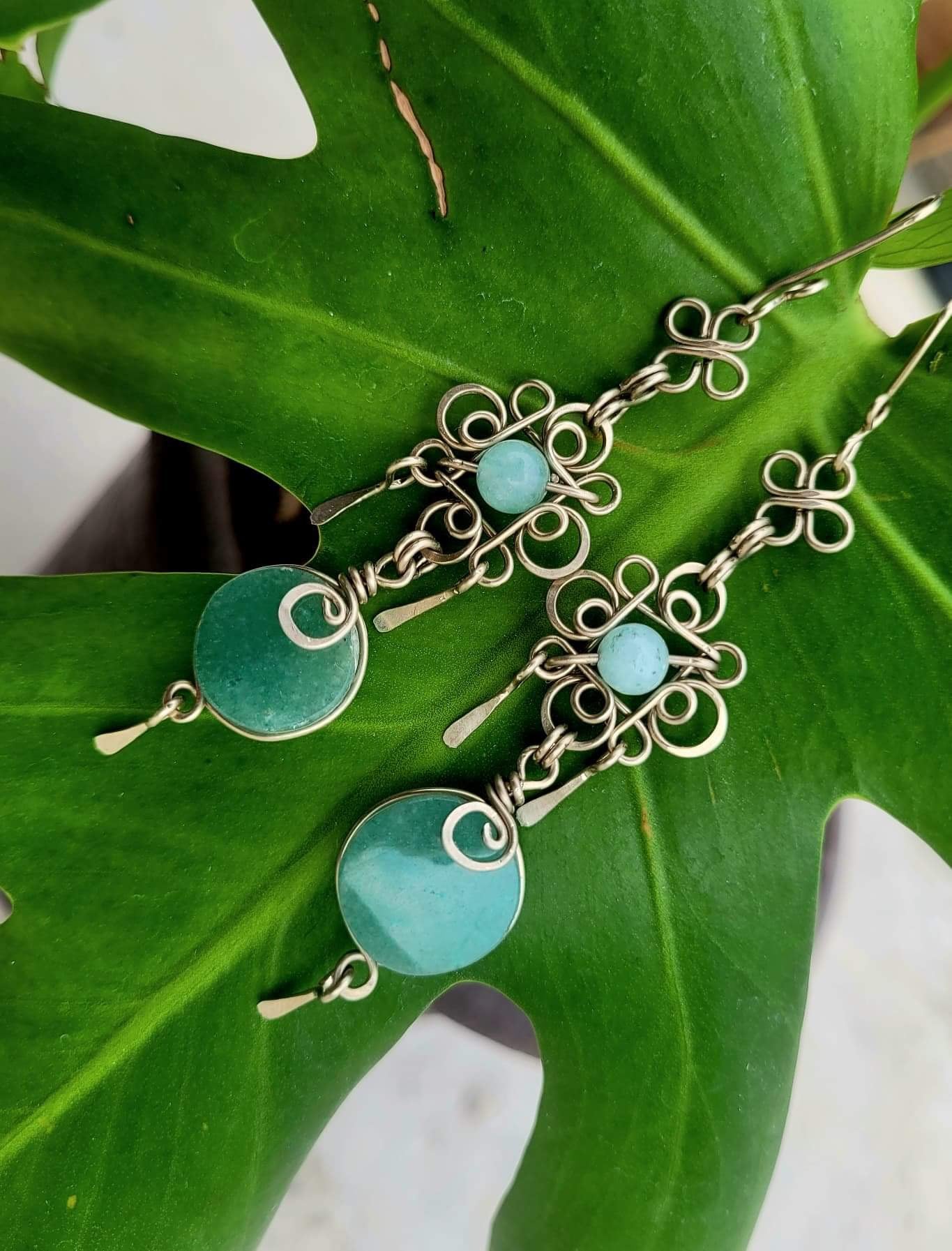 Stone Filigree Earrings - Natural Quartz Agate - Handcrafted with Love