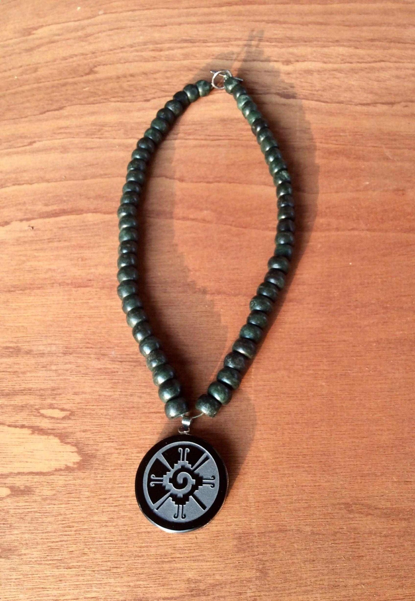 hunab ku obsidian pendant necklace - mayan jade beads jewelry