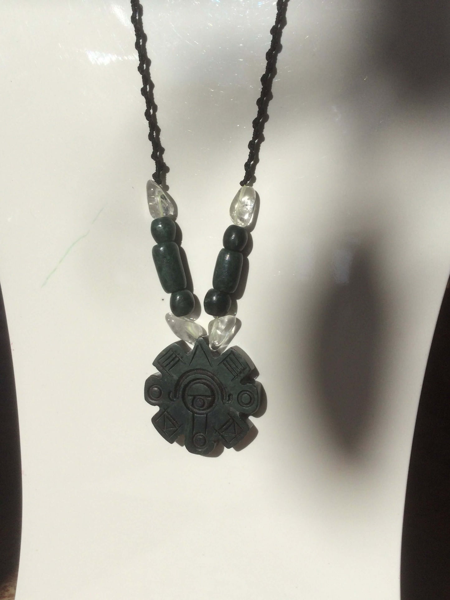 Ollin Pendant, Aztec calendar symbol, Guatemalan jade style, serpentine stone, Mexican precolombian Jewelry