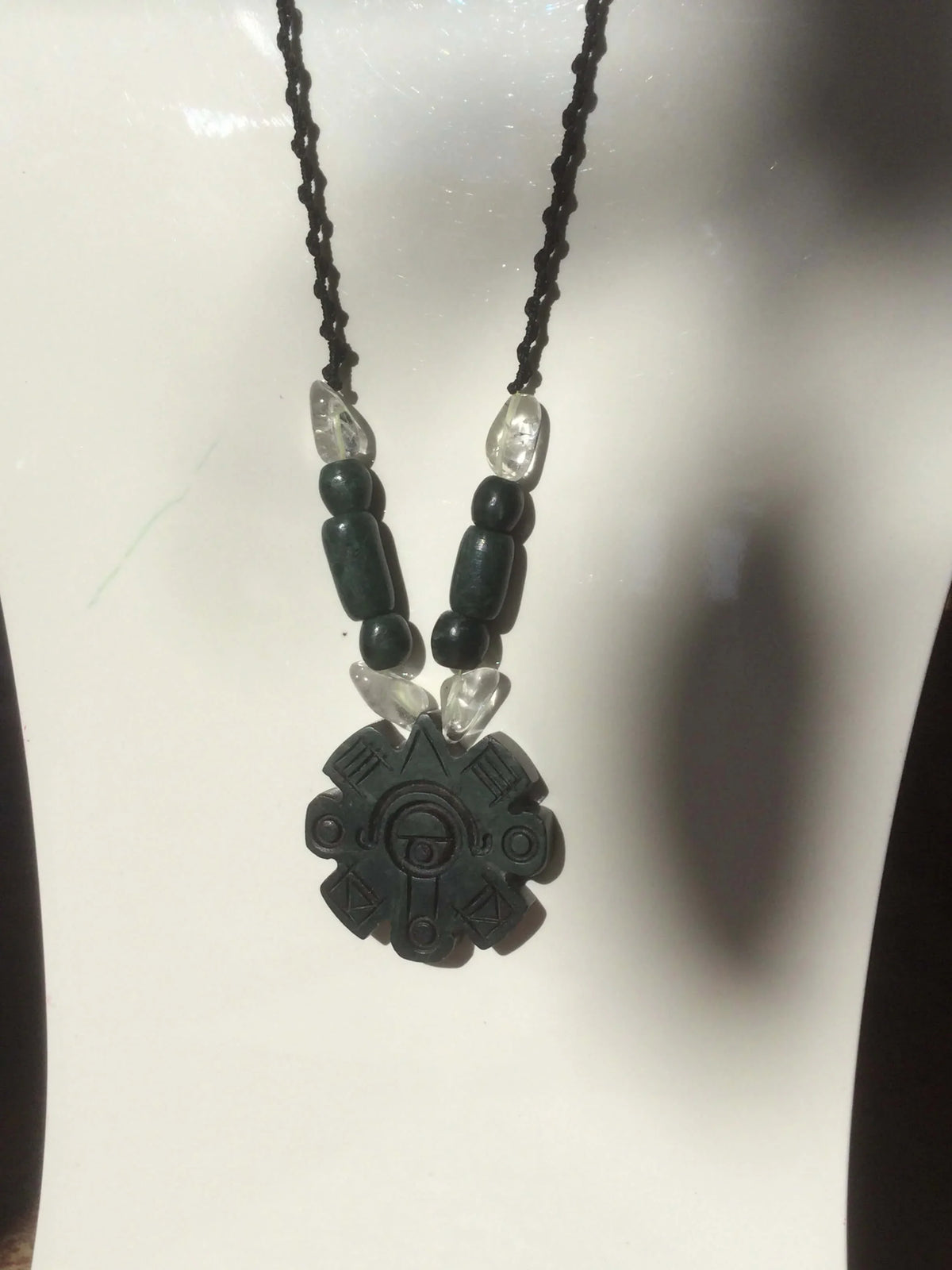 Ollin Pendant, Aztec calendar symbol, Guatemalan jade style, serpentine stone, Mexican precolombian Jewelry