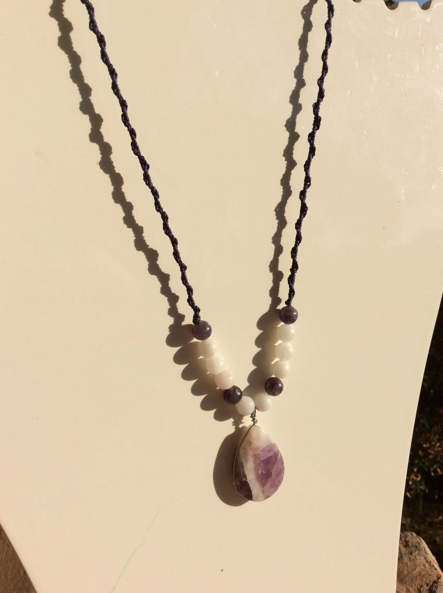 Trinity of Harmony: Amethyst Pendant with White Agate and Obsidian Beads for Emotional Balance and Spiritual Protection