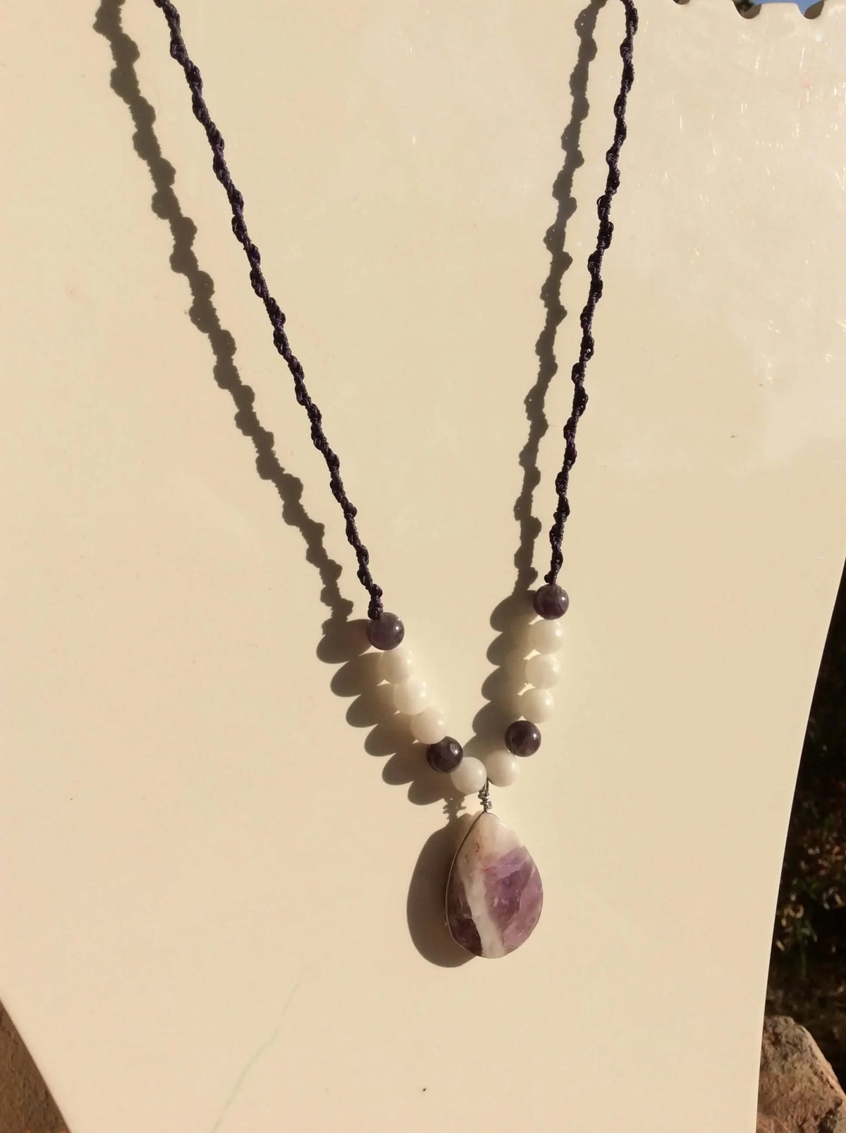 Trinity of Harmony: Amethyst Pendant with White Agate and Obsidian Beads for Emotional Balance and Spiritual Protection
