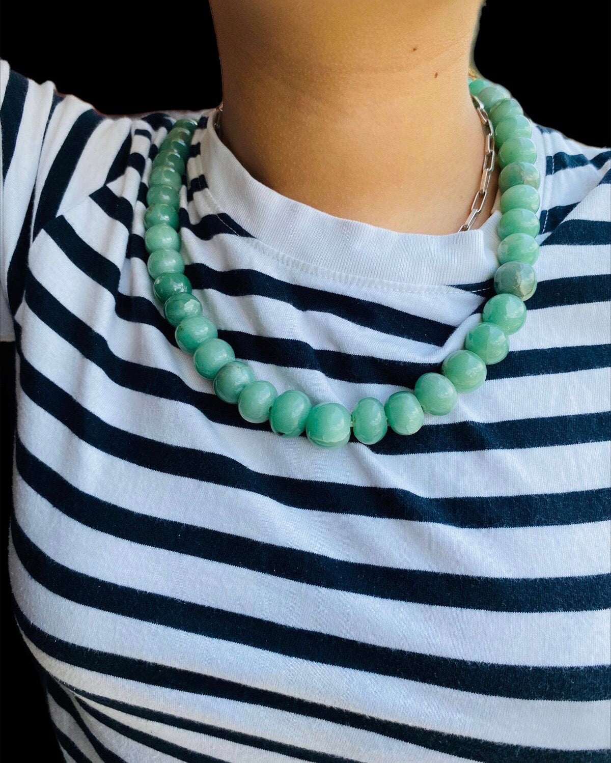 Green Aventurine stone choker beads necklace, artisanal handmade carved, Mayan precolombian Mexican style jewelry
