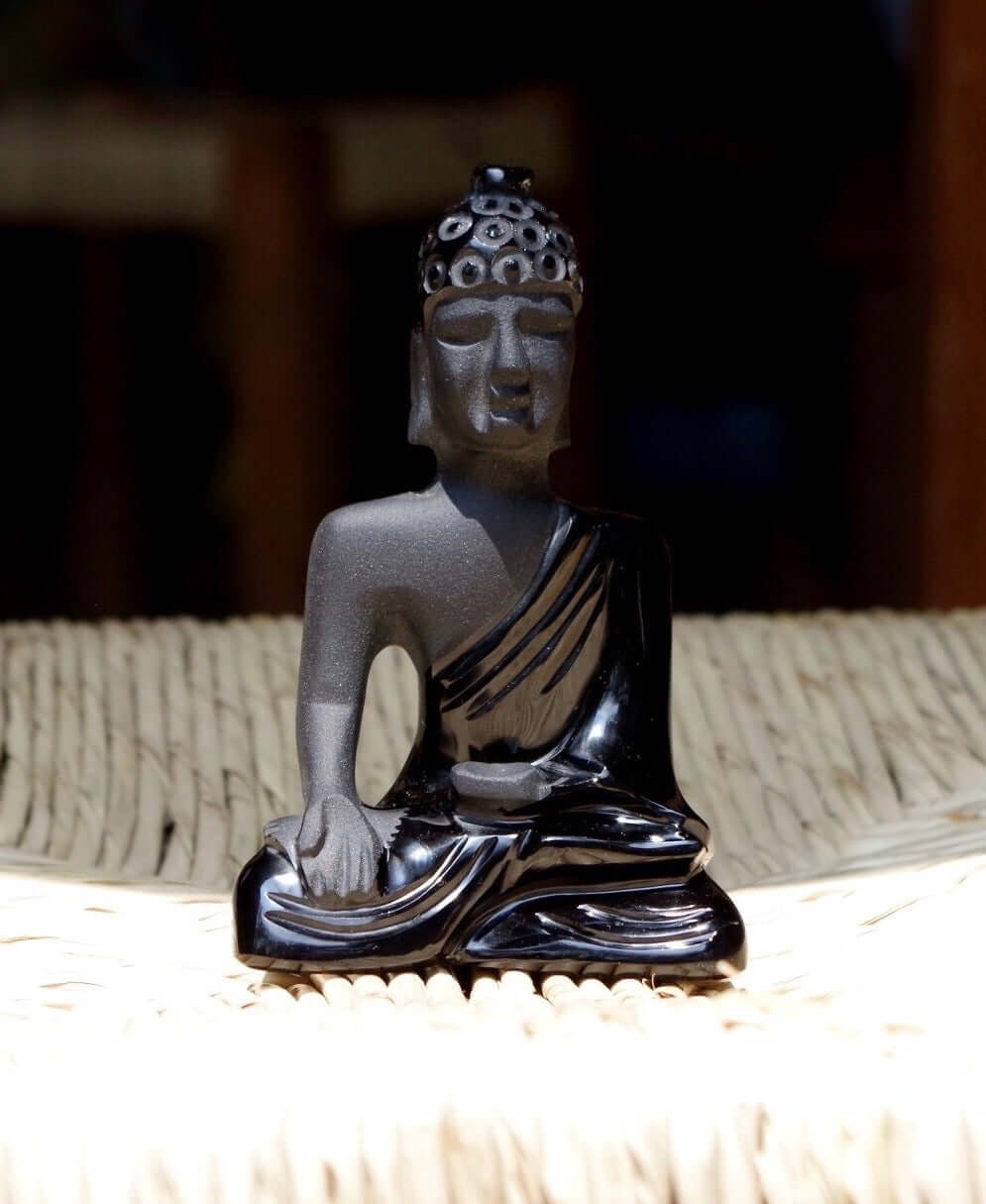 Buddha Siddhartha Gautama carved in Mexican black obsidian - powerful volcanic crystal- Spirituality- Art - Collection statue