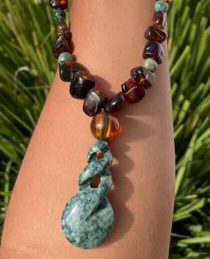 Authentic Guatemalan Jade Jaguar Pendant Necklace with Amber from Chiapas - Mayan Jewelry Gemstones