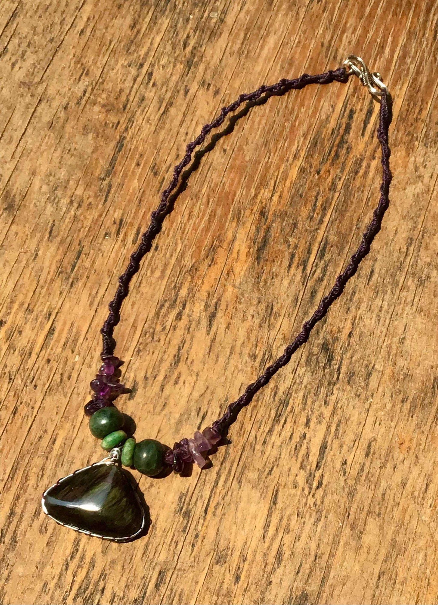 Velvet Obsidian Pendant Necklace with Amethyst & Guatemalan Jadeite Beads - Mexican Rainbow Obsidian Jewelry