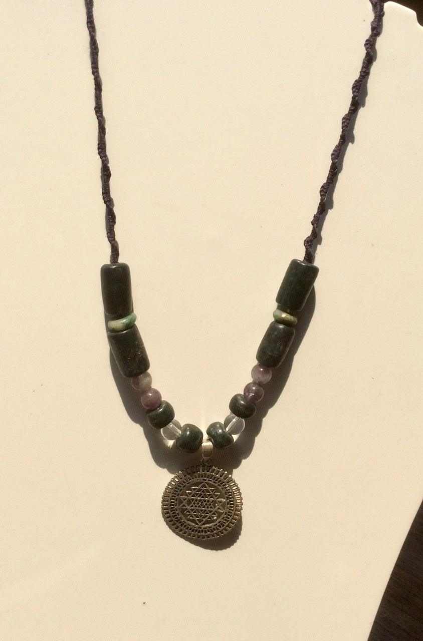 Macramé sacred geometry pendant with Guatemalan jade and amethyst beads necklace