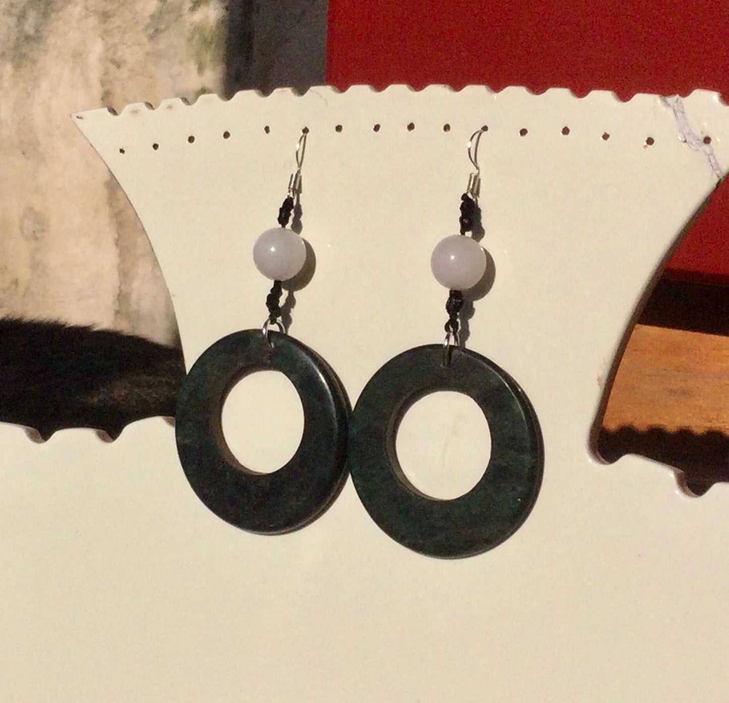 Hoop Earrings Guatemalan Jade style - Serpentine & rose quartz Stone