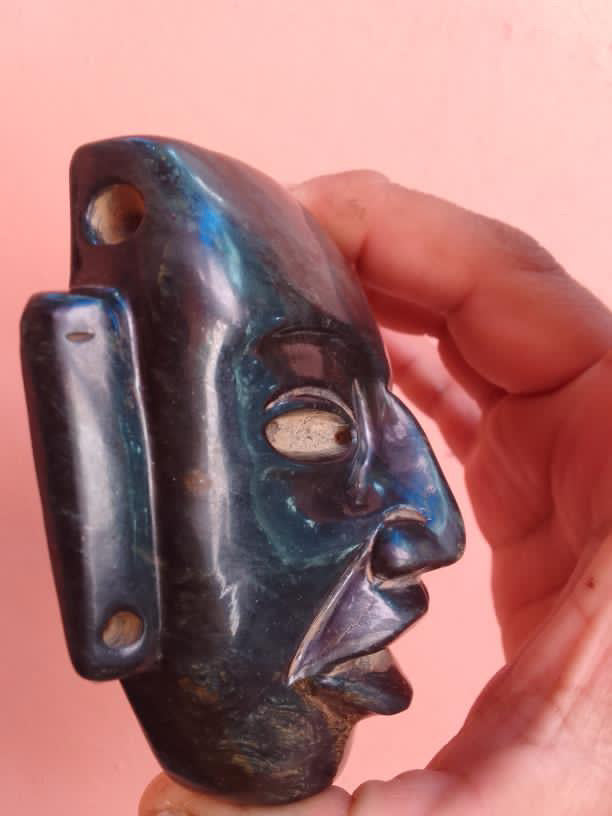 Teotihuacan Head Mask - Dark Green Serpentine Stone - Guatemalan Jade Style - Handmade Mexican Artisan Sculpture - 4"x3"