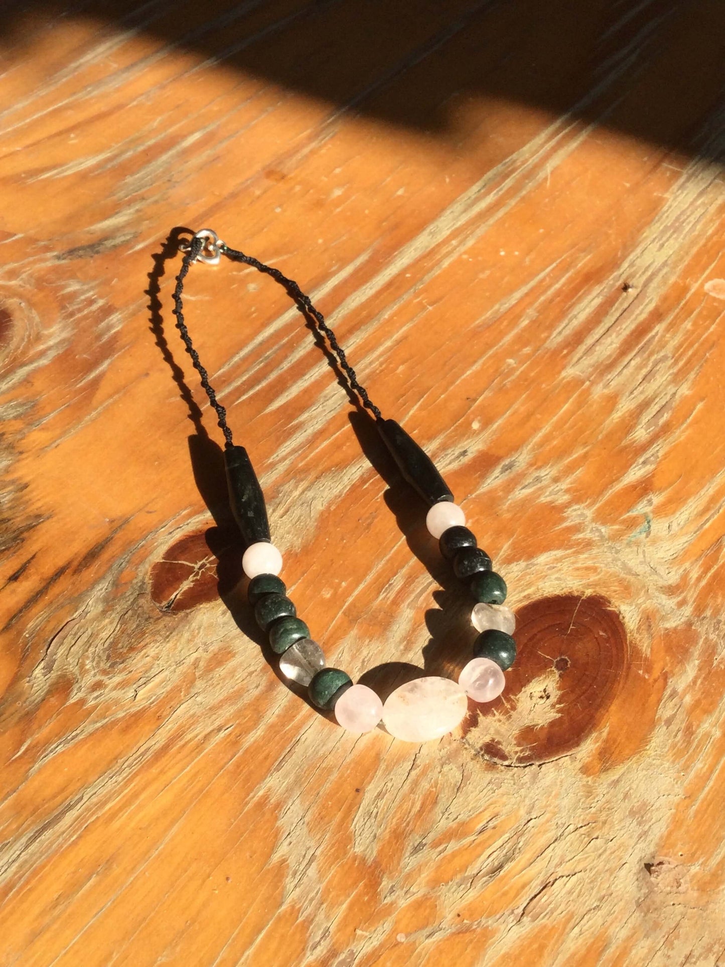 Guatemalan Jade Style Necklace for Women Jewelry - Dark Green Serpentine and Rose Quartz Necklace