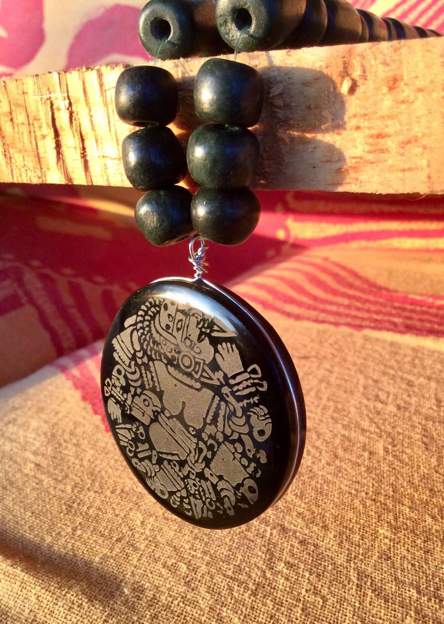 Coyolxauhqui Pendant Necklace- Mexican Obsidian & guatemalan jade beads style- Precolombian Aztec Jewelry
