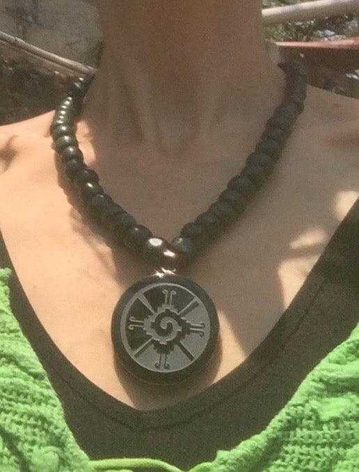 hunab ku obsidian pendant necklace - mayan jade beads jewelry
