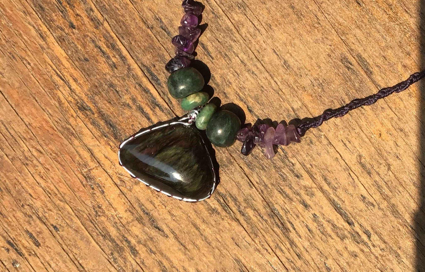 Velvet Obsidian Pendant Necklace with Amethyst & Guatemalan Jadeite Beads - Mexican Rainbow Obsidian Jewelry