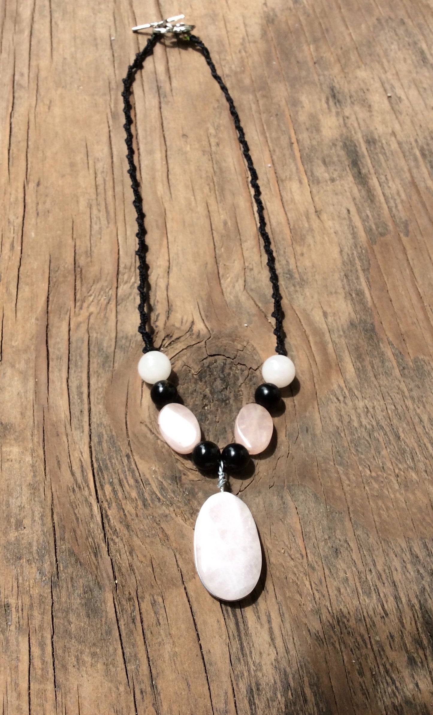 Pink Quartz Crystal Necklace - Boho Chic Macramé with Mexican Obsidian & Rose Quartz Beads