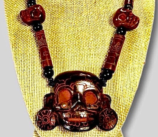 Teotihuacan Mask of Mikiztli Pendant Necklace carved in ceramic, Divinity of Death & Transformation with Mexican Pre Hispanic symbols engraved - Precolombian Jewelry