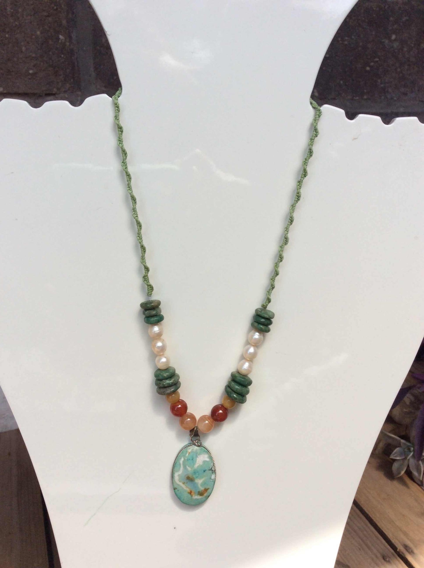 Turquoise Gemstone Necklace - Natural Stone Jewelry with Mother of Pearls & Jadeite beads