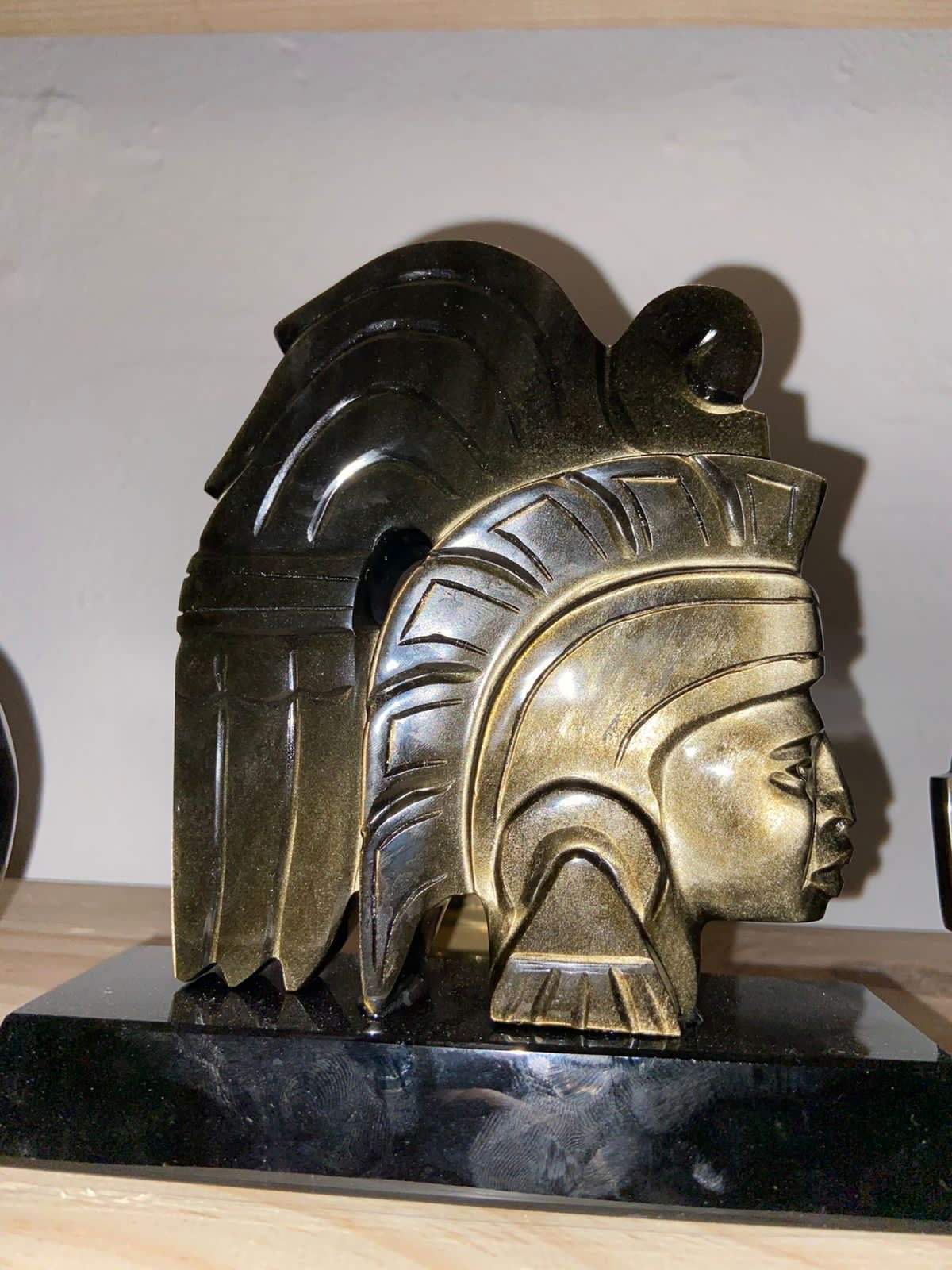 Cuauhtemoc carved in golden obsidian, pre-Colombian pre-Hispanic sculpture, Mexican decoration collection