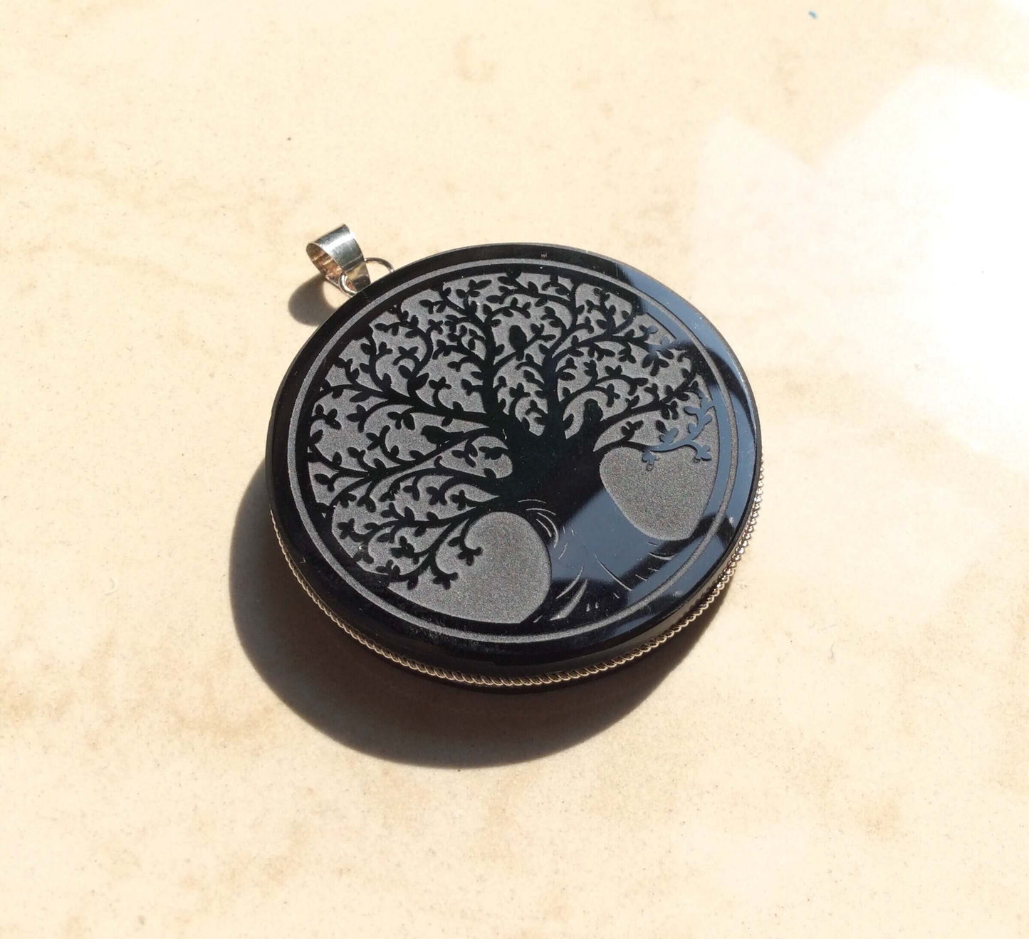 Tree pendant engraved black obsidian stone- Genuine Mexican Obsidian jewelry supplies