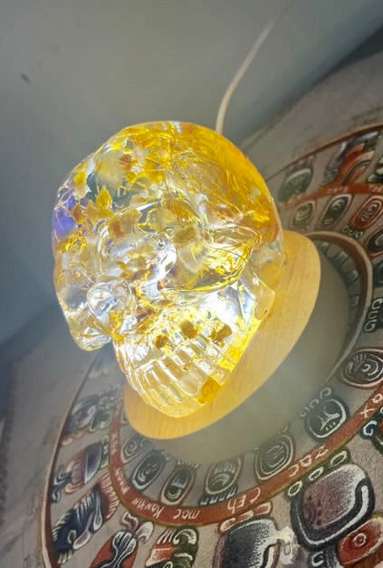 Handcrafted Resin Skull with Sacred plant inclusion and Integrated Light - Unique Decoration