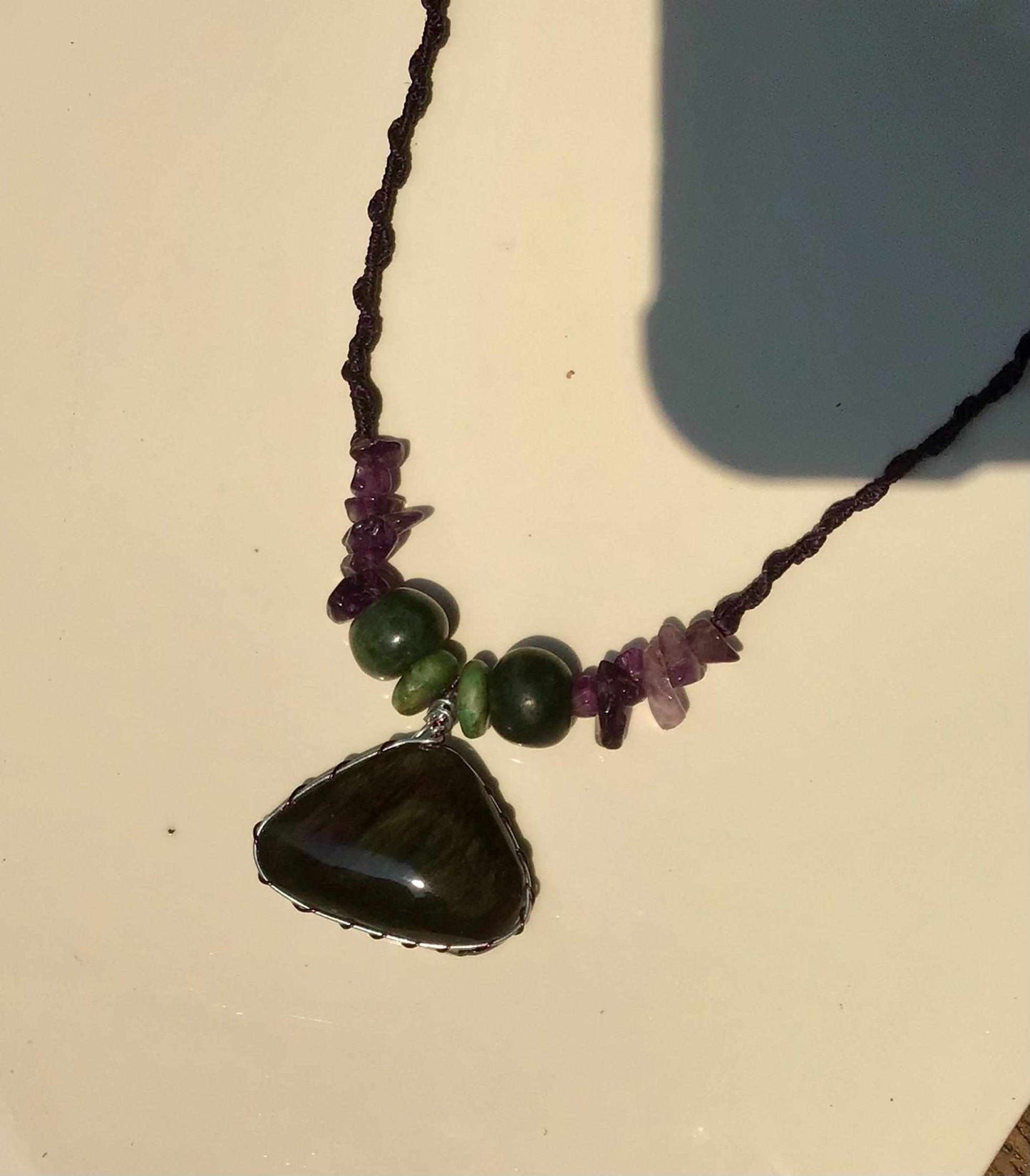 Velvet Obsidian Pendant Necklace with Amethyst & Guatemalan Jadeite Beads - Mexican Rainbow Obsidian Jewelry